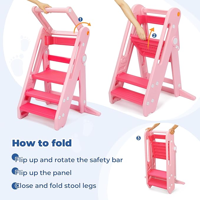 Onasti Toddler Tower Kitchen Stool Helper, Foldable & Adjustable Height Kids Learning Stool for Kitchen Counter Bathroom Sink, Child Ladder for Toddlers with Handles, Safty Rail, Non-Slip Pads - Pink