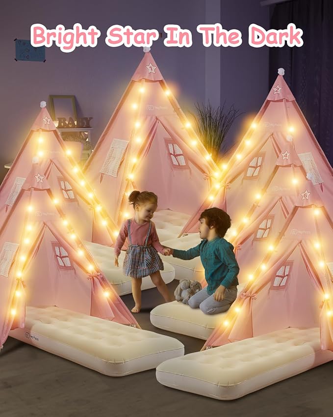 6 Pack Teepee Tent for Kids with Inflatable Airbed, Light, Toddler Tent Children Room Tents, Slumber Party Sleepover Tents, Indoor Outdoor Kids Playtent Playhouse for Girls & Boys