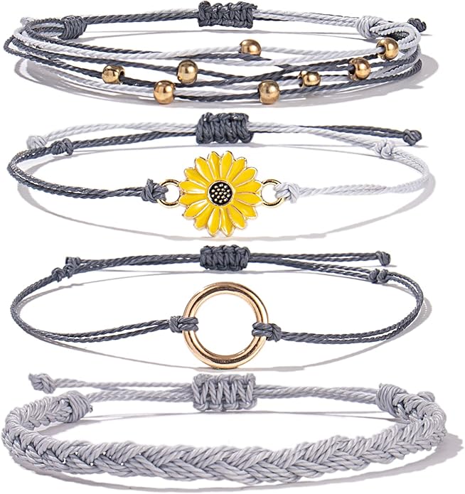 FANCY SHINY Sunflower String Bracelet Boho Braided Rope Wrap Bracelets Cute Summer Beach Surfer Jewelry for Women Christmas Gifts