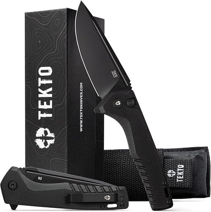 F3 Charlie Button Lock Folding Knife, Oversized Fine Edge Blade, Tactical Black G10 Handle - Easy Open Pocket Knife with Titanium Coated D2 Steel & Black Titanium Barrel Spacers