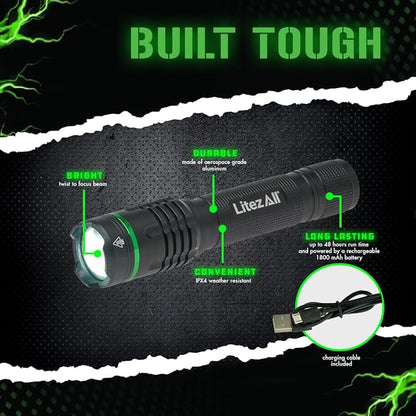 LitezAll 1000 Lumen Thin Rechargeable Tactical Flashlight, Slim Compact LED Flashlight with USB Charging, High-Power Pocket Light for EDC, Work, Camping, and Emergency Use