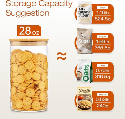 Glass Jars with Bamboo Lids 28 floz [Set of 8], Glass Canisters with Airtight Lids, Glass Food Storage Containers for Pasta, Oats, Coffee, Flour, Sugar, Rice, Best for Kitchen & Pantry