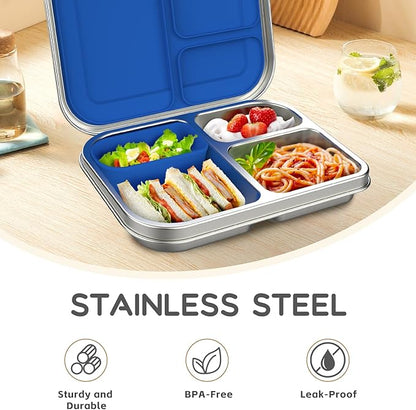 Stainless Steel Kids Leak-Resistant Bento Lunch Box, 3-Compartments with Silicone Container, Dishwasher-Safe, Child-Friendly Design for School, Picnics & Travel,BPA-Free (Blue)