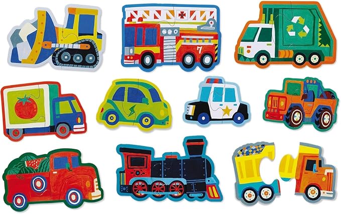 Crocodile Creek Let’s Begin Puzzle - Ten 2-Piece Beginner Puzzles for Ages 2 and Up - Heavy-Duty Storage Canister with Handle - Colorful Vehicles Design - Each Puzzle is 6" L x 4" H Finished