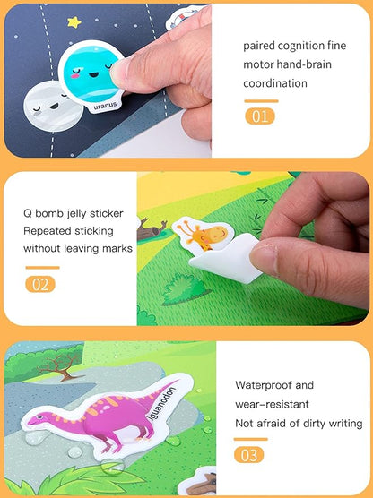 6 Pack Jelly Reusable Sticker Books for Toddlers 1-3 2-4 Years, Portable Travel Toys Sticker Activity Book for Kids 2 3 4 Year Old Girls Boys, Animal Insect Dinosaur Ocean Space Car