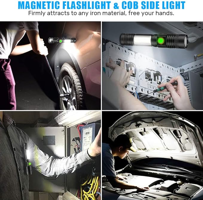 Rechargeable LED Flashlights, Magnetic Flashlight Super Bright Tactical Flashlight with SideLight,USB Rechargeable,Zoomable,Waterproof Best Small Flashlight for Camping, Emergency