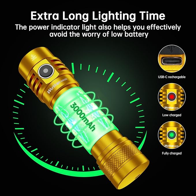 Wurkkos WK03 Pocket Flashlight Rechargeable, 1200 High Lumens Super Bright LED Flashlight with 6 Modes, High CRI 519A LED, IP68 Waterproof, Small Powerful Flashlight for Home, Emergency, Camping