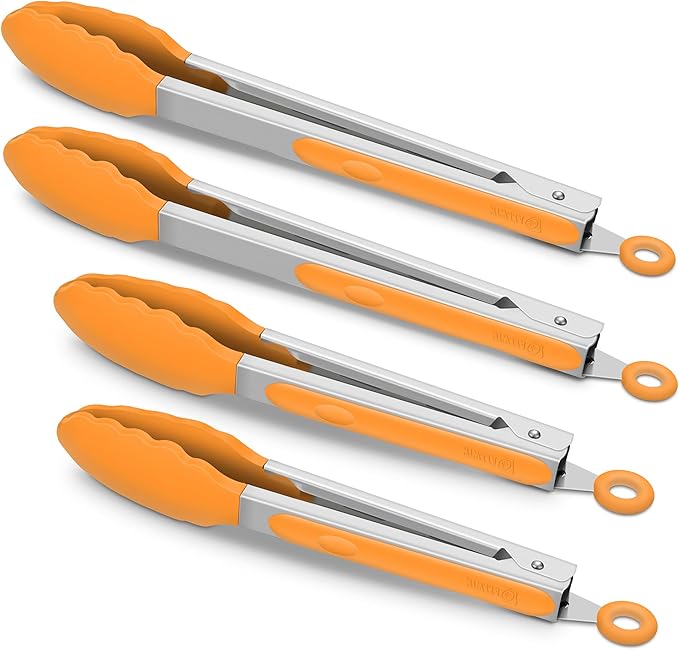 4 Pack Orange Kitchen Tongs, Premium Silicone BPA Free Non-Stick Stainless Steel BBQ Cooking Grilling Locking Food Tongs, 9-Inch & 12-Inch