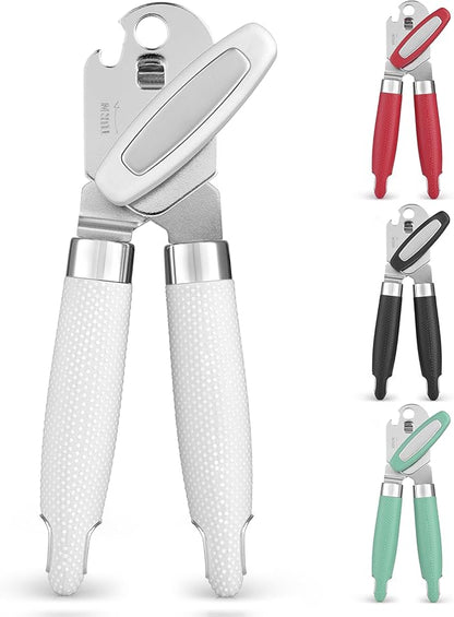Zulay Kitchen Heavy Duty Stainless Steel Can Opener Manual with Large Bottle Opener - Manual Can Opener with Turn Knob with Soft Grip Handles - White