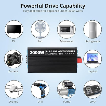 2000W Pure Sine Wave Inverter, 1 USB Port 5v/2.1a, LCD Display&Remote Controller