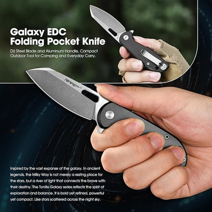 TONIFE Galaxy Mini Folding Knife with D2 Steel Blade and Aluminum Handle, EDC Pocket Tool for Camping, Hiking, and Survival (Black Stone Wash)