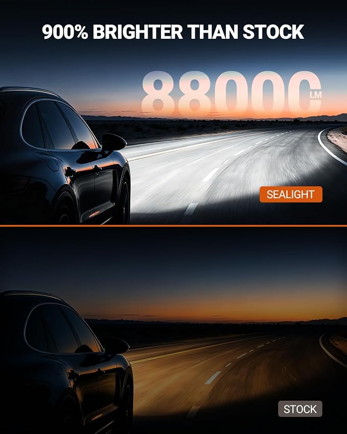 SEALIGHT 9005 H11 Light Bulbs Combo, 88000LM 6500K Output Canbus Ready, 9005/HB3 H11/H8/H9 LED Bulbs For Powersports IP68 80000Hrs Lifespan, 1:1 Size 3Mins Installation, 4 Pack