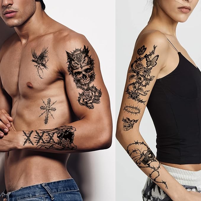 77 Sheets Temporary Tattoo for Women Men, 17 Sheets Half Arm Large Black Barbed Wire Fake Tattoos, 60 Sheets Skull Heart Flowers Tiny for Adult Kids Cosplay Party Body Tattoos Stickers Realistic