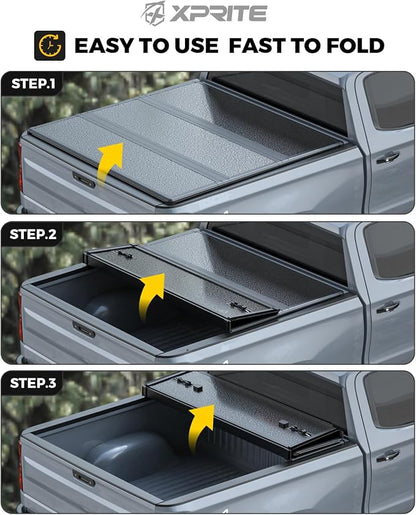 Xprite Hard Folding Truck Bed Tonneau Cover Compatiable with 2007-2026 Chevy Silverado & GMC Sierra 1500 5.8 FT Short Box((Excl. 07 Classic), Tri Fold Style