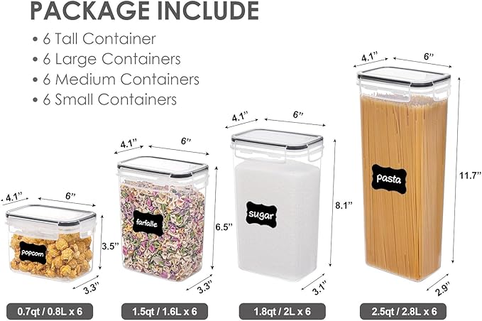 Airtight Food Storage Containers with Lids, Vtopmart 24 pcs Plastic Kitchen and Pantry Organization Canisters for Cereal, Dry Food, Flour and Sugar, BPA Free, Includes 24 Labels，Black