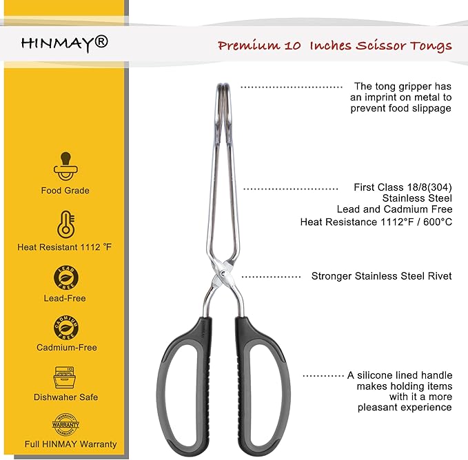 Scissor Tongs 10-Inch Stainless Steel Scissor Style Tongs (Black Handle)