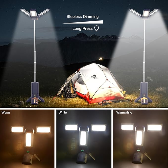 10000mAh Rechargeable 4000LM Camping Light Telescopic Camping Lantern , 270° Rotating Aluminum , Remote Control, Warm/White/Nature, Dimmable for Outdoor Camping, IP45 Waterproof,Portable Bag