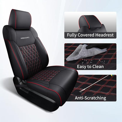 Huidasource Dodge Ram Front & Rear Seat Covers, Leather Car Seat Cover Full Coverage Waterproof Truck Seat Cushion Protector Fit for 2019-2025 RAM 1500 2500 3500 Crew/Mega Cab(Full Set/Black&Red)