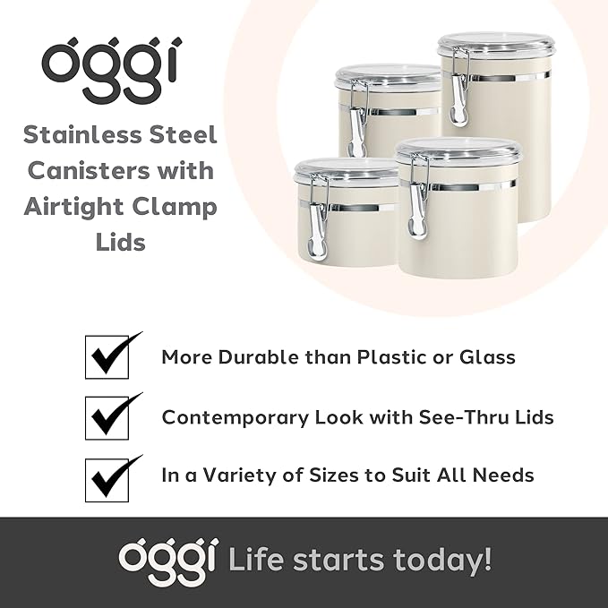 Oggi Stainless Steel Kitchen Canister 26 fl oz, Gray - Airtight Clamp Lid, Clear See-Thru Top - Ideal for Kitchen Storage, Food Storage, Pantry Storage. Size 5" x 3.5".