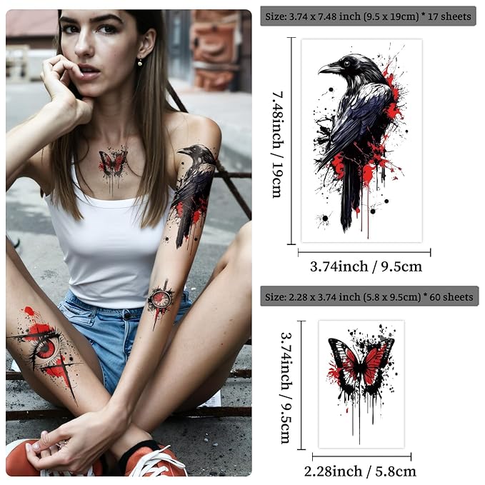 77 Sheets Trash Polka Temporary Tattoo for Women Men, 17 Sheets Half Arm Black Red Skull Wolf Cat Fake Tattoos, 60 Sheets Flower Owl Tiger Tiny for Adult Kids Body Tattoos Stickers Realistic