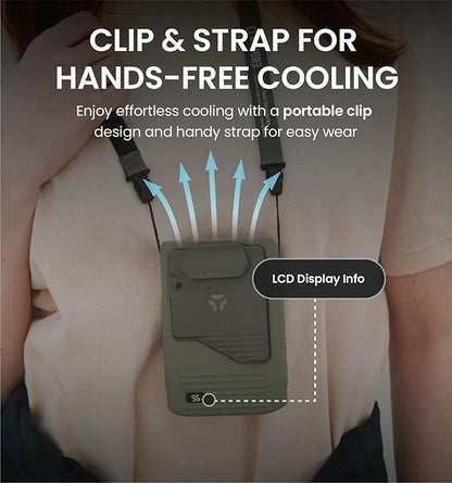 Claymore Clip Fan Khaki ??Portable Rechargeable Neck Waist Wearable Fan with 5200mAh Battery, 5-Speed Quiet BLDC Motor, Hands-Free Neck Strap Design, USB-C Charging Camping, Hiking, Outdoor Use