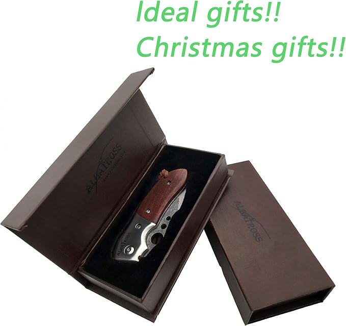 ALBATROSS Premium Damascus Steel Folding Pocket Knife with Liner Lock - EDC Knife with Sandalwood Handle - Perfect for Outdoor, Hunting, Survival & Gift Collection - HGDK007
