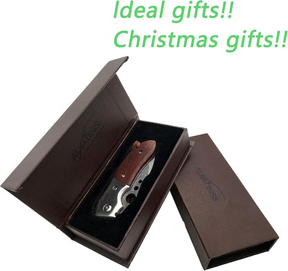 ALBATROSS Premium Damascus Steel Folding Pocket Knife with Liner Lock - EDC Knife with Sandalwood Handle - Perfect for Outdoor, Hunting, Survival & Gift Collection - HGDK007