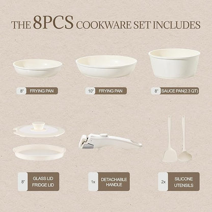 Ceramic Cookware Set Non Stick 8Pcs Pots and Pans Set Detachable Handle