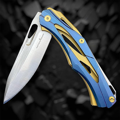 TACTICAL GEARZ Stainless Steel Pocket Knife, Stainless Steel Handle, D2 Steel Drop Point Blade, Ball Bearing Pivot! (Kronus Blue/Gold)