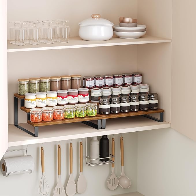 YATINEY Spice Rack, 3 Tier Wooden Display Riser Stand, Kitchen Storage Organizer