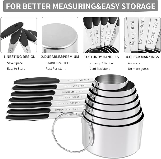 TILUCK Measuring Cups and Spoons Set, Stainless Steel, Kitchen Utensils