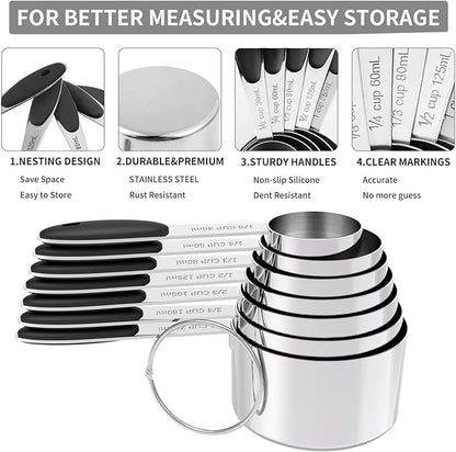 TILUCK Measuring Cups and Spoons Set, Stainless Steel, Kitchen Utensils