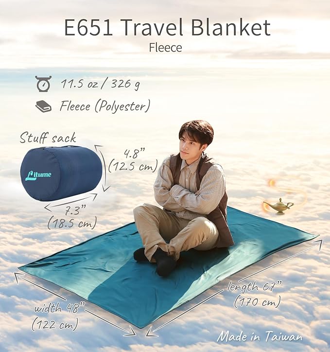 Travel Camping Blanket Lightweight and Breathable, 67 x 48 in Soft Airplane Flight Blanket for Travelers, Foldable Sheet with Stuff Sack for Train, Camp, backapcking, Office, Home