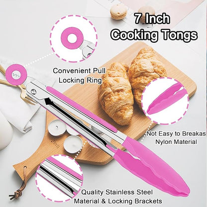 7 Pack Kitchen Tongs,Cooking Tongs with Stainless Steel Silicon Handles and Nylon Tips,7 Inch Stainless Steel Tongs,Heat Resistant Non-Stick BBQ Tongs with Locking, for Cooking Grilling Salad