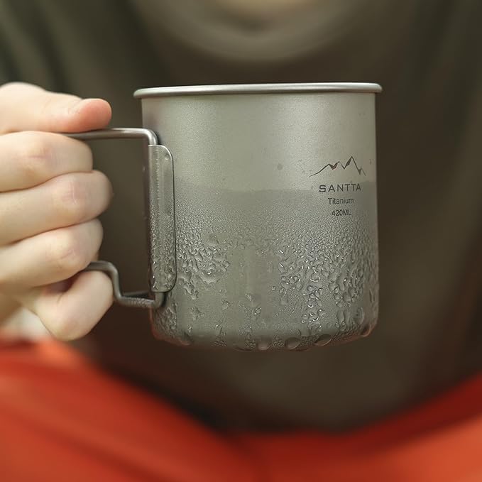 SANTTA Titanium Cup | 14 OZ Leightweight Camping Mug with Foldable Handle and Lid 420mL