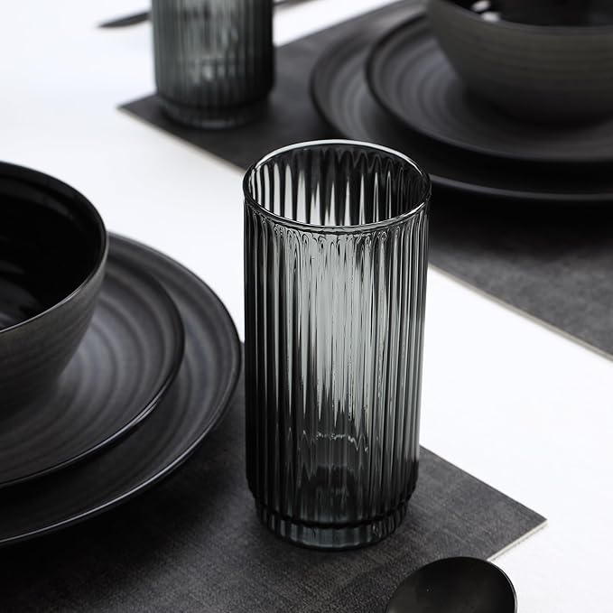 Stone Lain Dua 16-Piece Dinnerware Set Stoneware, Borosilicate Glass, Black