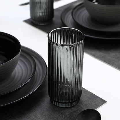 Stone Lain Dua 16-Piece Dinnerware Set Stoneware, Borosilicate Glass, Black