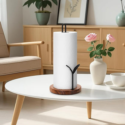 Wood Paper Towel Holder Countertop, Leaf-Shaped Accent Iron Rods