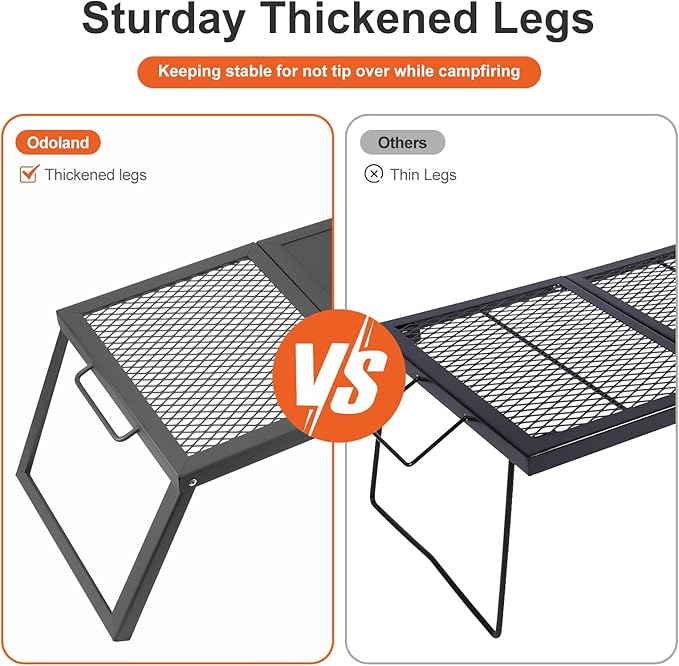 Odoland Folding Campfire Grill, Heavy Duty Steel Mesh Grate with Folding Legs and Storage Bag, Portable Camping Grates, Over Fire Pit Grill Rack for Outdoor Cooking and Bonfire