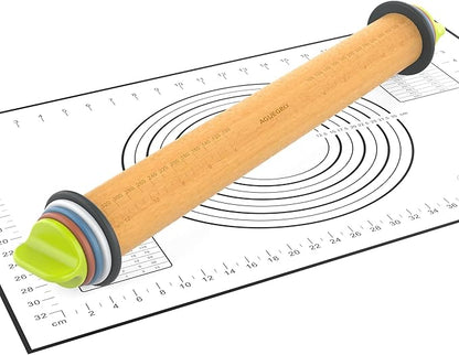 Rolling Pin with Adjustable Thickness Ring and Silicone Baking Mat