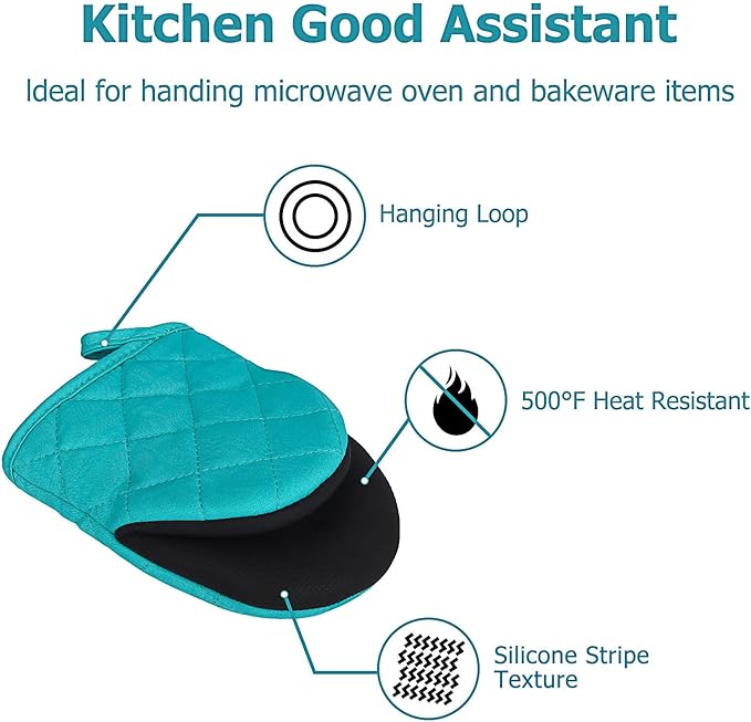 Short Oven Mitts, Heat Resistant 500°F, Silicone Grip Kitchen Gloves, Non-Slip