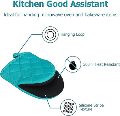 Short Oven Mitts, Heat Resistant 500°F, Silicone Grip Kitchen Gloves, Non-Slip