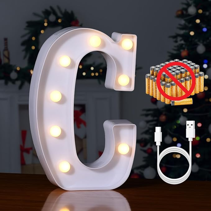 Foaky Rechargeable LED Letter Lights Sign Marquee Light Up Letters Sign for Night Light Wedding/Birthday Party Christmas Lamp Home Bar Decoration (C)