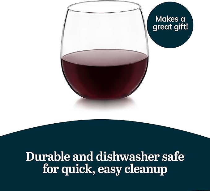 Libbey Stemless Red Wine Glasses, 16.75 Oz Classy, Wide Bowl Stemless Wine Glasses Set of 8, Chip Resistant Glasses Drinking Set for Get-Togethers