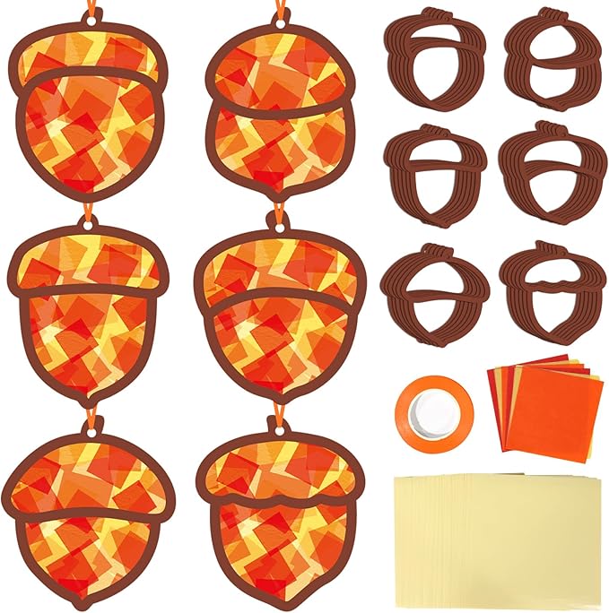 Qyeahkj 36 Set Fall Acorn Suncatchers Crafts for Kids DIY Autumn Window Tissue Paper Craft Kit Hanging Decor for Thinkgiving Home Activity Art Project Birthday Party Favor Gift