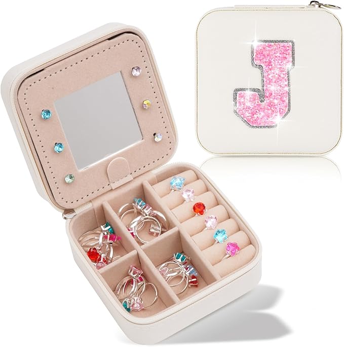 Travel Jewelry Case - Personalized Jewelry Box for Women,Small Jewelry Organizer Cute Jewelry Organizers and Storage Aesthetic,Travel Essentials Birthday Gifts for Girls Women | Cream,J