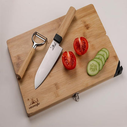 Foldable Bamboo Cutting Board Set - with Knife, Peeler, Bag & Built-in Sharpener – Portable Compact Chopping Board for Camping, Picnic, Travel & Kitchen – Non-Slip, Eco-Friendly, Multi-Purpose Design