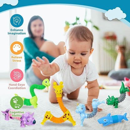 10 Pack Animals Halloween Fidget Toys for Toddlers, Animal Pop Tubes for Kids 3 4 5 6 7 8 Year Old Girls Boys Birthday Gifts Autism Sensory Toy for Kid Age 3-8 Tube Party Favors