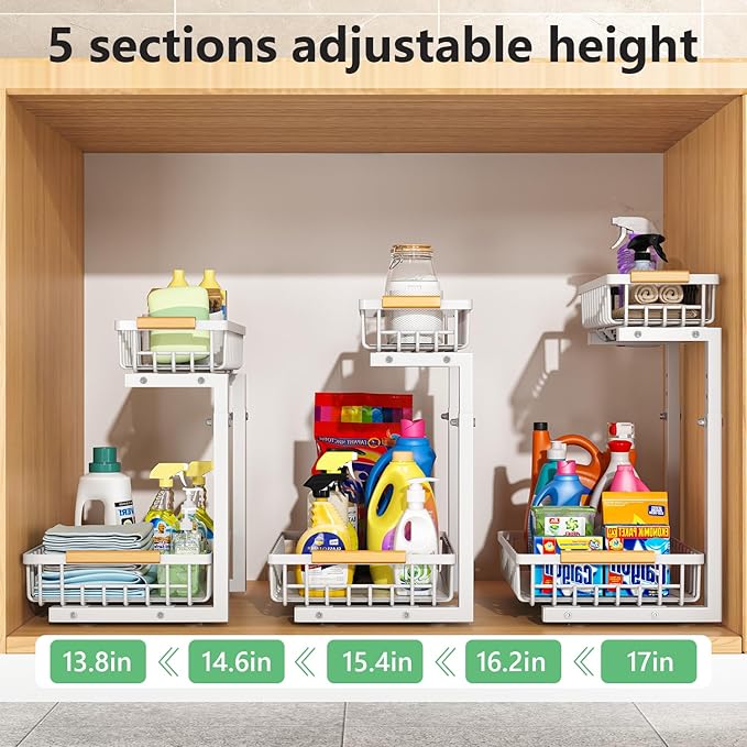 Merrylun Under Sink Organizers, 5 Adjustable Height，Metal Pull Out Under Sink