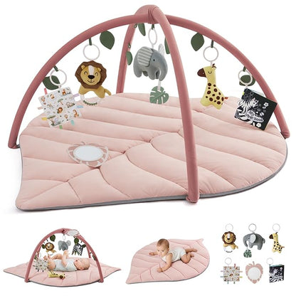 Blissful Diary Baby Play Gym & Activity Mat, Oversize Leaf Shaped Tummy Time Baby Play Mat w 6 Detachable Toys Promotes Motor Skills & Sensory Development, Newborn Infant Essentials Gift, Crystal Pink